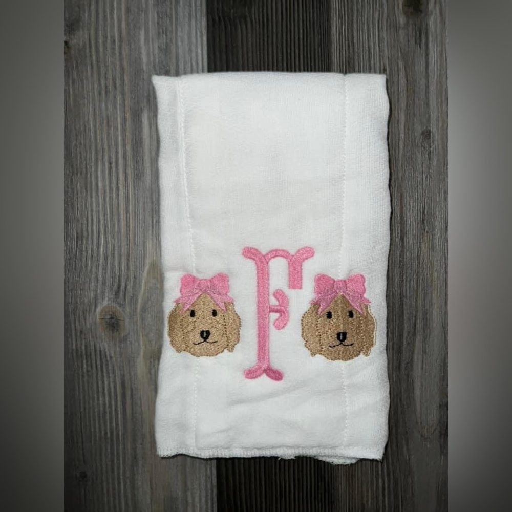 Golden Doodle Monogram Baby Girl Burp Cloth- NEW, F monogram, Baby Gift